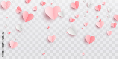 Valentines hearts postcard. Paper flying elements on transparent background. Vector symbols of love in shape of heart for Happy Women's, Mother's, Valentine's Day, birthday greeting card design. PNG 