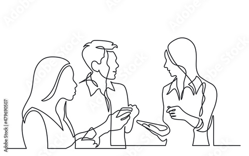 three diverse young professionals holding smartphones discussing work as team continuous line drawing