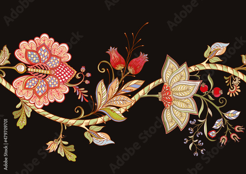 Seamless pattern with stylized ornamental flowers in retro, vintage style. Jacobin embroidery. Colored vector illustration on black background.