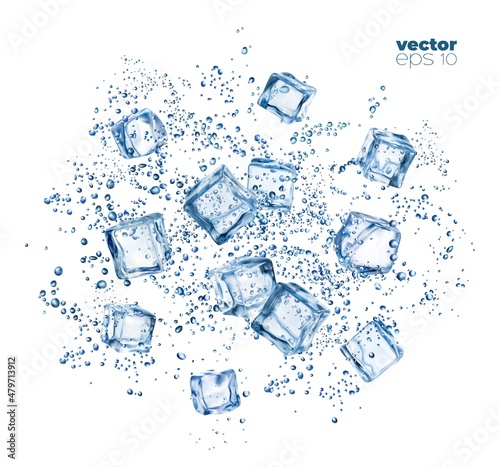 Ice crystal cubes and water drops, isolated frozen ice cubes in water splash, realistic vector. Cubes background with crystal aqua droplets splatter, cold pure frosty water or soda drink