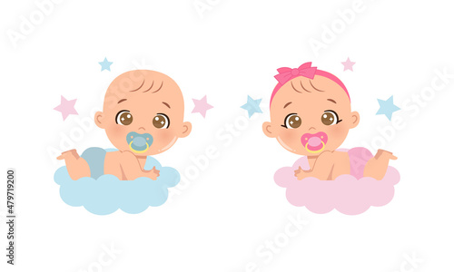 Cute baby boy and girl gender reveal clipart. Flat vector cartoon design