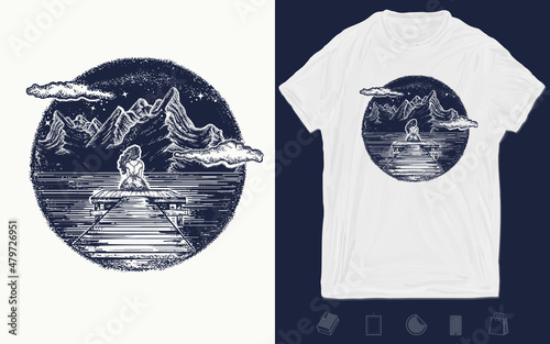 Mountains tattoo and t-shirt design. Symbol of dream, romantic, love. Outdoors and tourism art. Vector graphics template. Hand drawn illustration