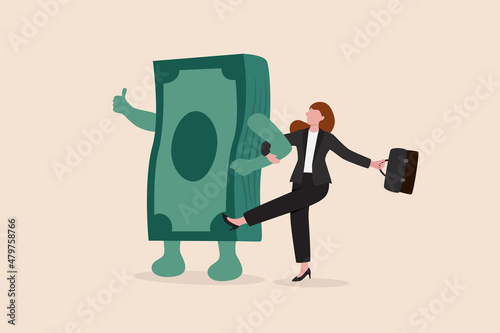 Happy money, rich and achieve financial freedom, success investment, income or salary increase, personal finance concept, success businesswoman walking arm in arm with joyful money banknotes bundle.