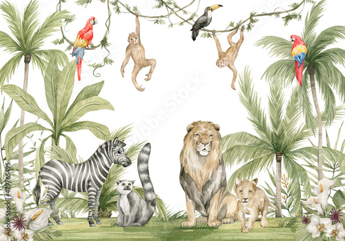 Watercolor composition with African animals and natural elements. Lion, zebra, monkeys, parrots, palm trees, flowers. Safari wild creatures. Jungle, tropical illustration for nursery wallpaper