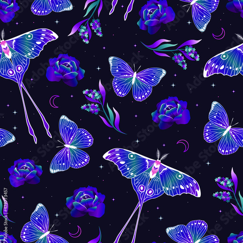 Elegant celestial seamless pattern with herbs. Boho magic background with space elements stars, butterflies. Vector doodle texture.