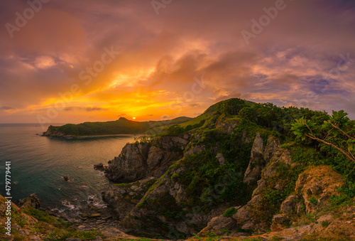 Sunset over the sea, mountains by the sea, sunset in the mountains, sun, summer, hills, ocean, sea,