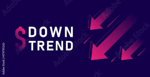 Down trend with arrows isolated on dark background. Stock exchange concept. Trader profit. Vector illustration