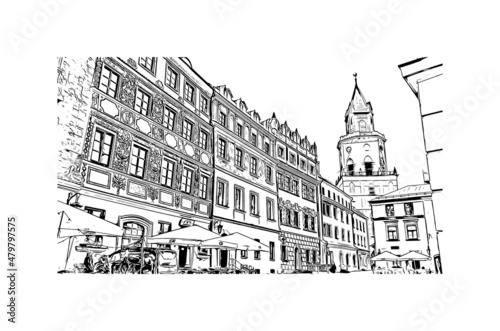 Building view with landmark of Lublin is the city in Poland. Hand drawn sketch illustration in vector.