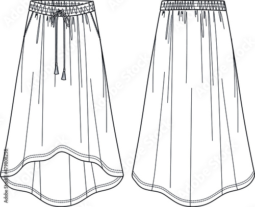 Vector sport style woman skirt fashion CAD, long woman skirt with elasticized waistband technical drawing, sketch, template, flat. Jersey or woven fabric maxi skirt with front, back view, white color