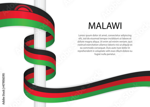 Waving ribbon on pole with flag of Malawi. Template for independence day