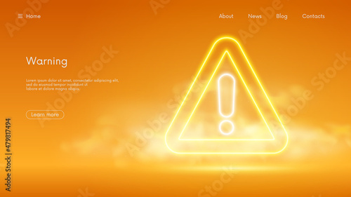 Glowing warning sign, exclamation mark in triangle, Danger warning attention icon, futuristic technology with yellow neon glow in the smoke, vector business background