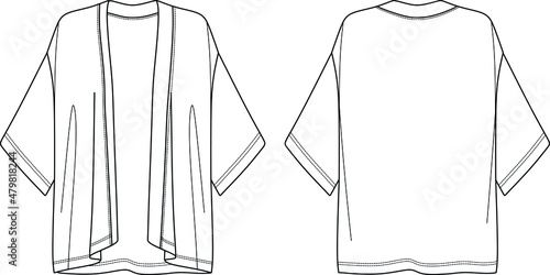 Vector long sleeved jacket fashion CAD, summer woman kimono technical drawing, template, flat, sketch. Jersey or woven fabric kimono with front, back view, white color