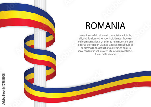 Waving ribbon on pole with flag of Romania. Template for independence day