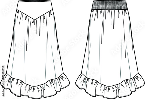 Vector bohemian style woman skirt fashion CAD, long woman skirt with elasticized waistband technical drawing, sketch, template, flat. Jersey or woven fabric maxi skirt with front, back view, white col