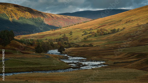  A winding stream between the peaks of Glen Lyon Scotland.