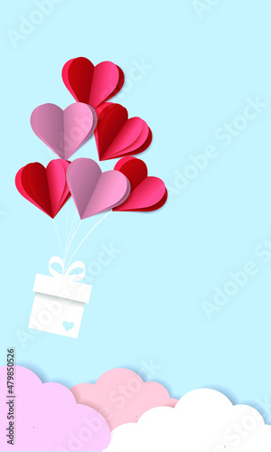 Vertical background with paper cut red heart. Origami poster, flyer, greeting card, header for website