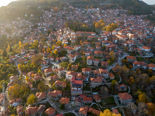 Aerial drone photo of iconic village of Metsovo with traditional house, Epirus, Greece in sunset time