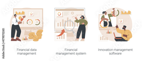 Business development abstract concept vector illustration set. Financial data management, innovation collaboration software, corporate budget planning, data report, risk management abstract metaphor.