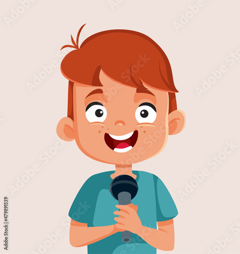 Happy Cheerful Boy Holding a Microphone Vector Cartoon