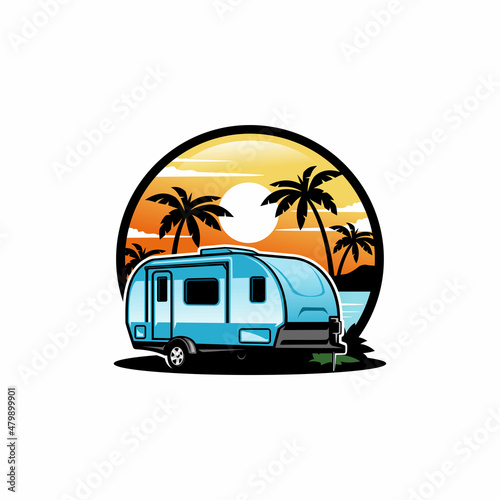 camper trailer, caravan trailer camping in the beach illustration vector 