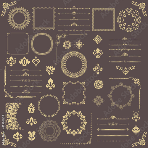 Vintage set of vector horizontal, square and round elements. Golden elements for backgrounds, frames and monograms. Classic patterns. Set of vintage patterns
