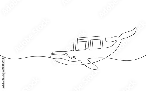 One line whale and container computer docker developer app concept. Sketch drawing open source program. Data coding vector line illustration