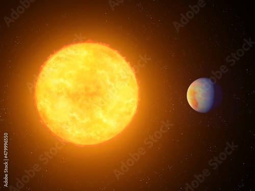 Terrestrial planet in orbit around a yellow star. Sun with a planet. 