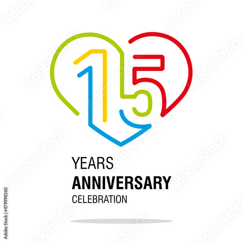 Anniversary 15 years decoration number fifteen bounded by a loving heart colorful modern love line design logo icon white isolated vector illustration
