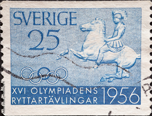 Sweden - circa 1956: a postage stamp from Sweden showing the Equestrian Olympics. Summer Olympic Games 1956 - Melbourne