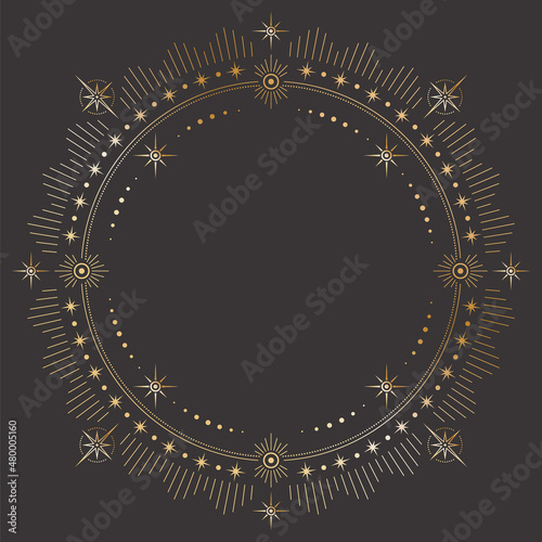 Vector mystic celestial round golden outline frame with different stars, beams and a copy space. Ornate shiny magical linear border with a place for text