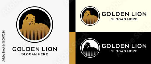 template desain logo singa denga siluet dalam lingkaran. ilustrasi logo vektor permium