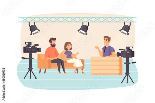 Filming television talk show scene. Presenter interviewing guests at studio, cameras recording video. Journalism, mass media and press concept. Illustration of people characters in flat design