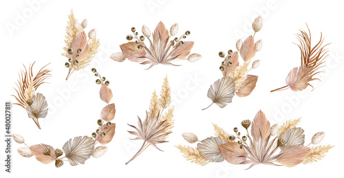 set of tropical bouquets with dry leaves and herbs, boho palm leaves and pampas grass isolated on white background. Floral illustration for design, print, fabric or background. Flower frames
