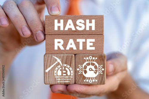 Concept of crypto currency hash rate computing technology. Bitcoin BTC hash rate has increase. Mining power has grown.