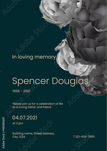 Modern memorial and funeral invitation card template design, dark green decorated with roses