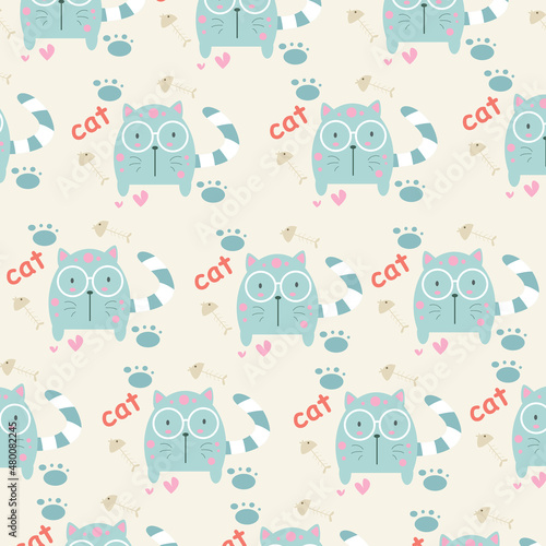 Hand drawn seamless pattern abstract cute cat cartoon premium vector for kids and baby. Print on t shirts, fabric, linen, textile and wallpaper background