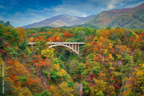 Ofukazawa Bridge spanning Naruko Gorge with Autumnal foliage from Narukokyo Resthouse close to the town of Naruko Onsen, Miyagi Prefecture, in Tohoku Region, Japan.