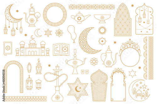 Arabic oriental muslim golden floral outline symbols. Lanterns, moon, hookah, mosque, arabic decorative frames vector illustration set. Islamic abstract elements