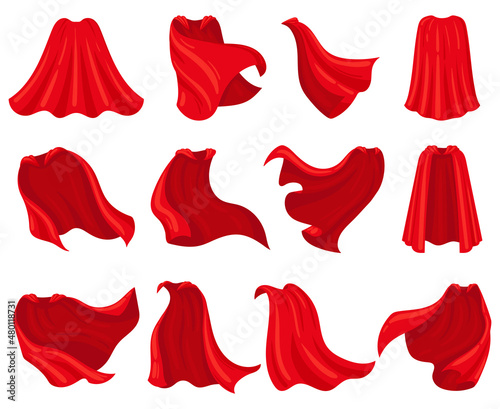 Cartoon superhero red cloaks, scarlet mantle capes. Silk superhero cloak costume, scarlet hero capes vector illustration set. Superhero red textile cloaks