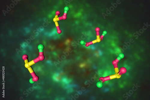 Molecular model of sulfurous (sulfuric, sulphurous, sulphuric) acid, a colorless liquid with a pungent sulfur odor. Scientific background. 3d illustration