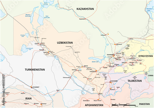 Roads and railways map of the Asian state of Uzbekistan 