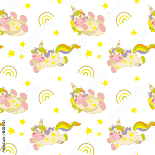 Cute unicorn soaring in the sky. Fantasy print for baby products. Seamless pattern. Vector.