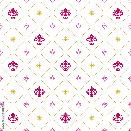 Seamless pattern. Modern geometric ornament with purple royal lilies. Classic vintage background