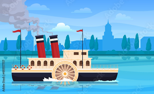 Retro steamboat floating on sea river water at antique city silhouette vector flat illustration