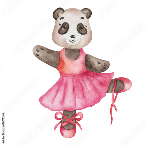 Watercolor illustration of hand painted black and white panda bear in dance studio in pink dress, ballet shoes. Cartoon animal character. Isolated clip art for children fabric textile prints, poster