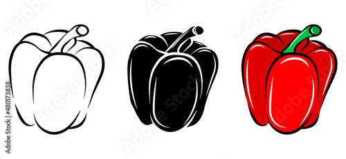 Red pepper isolated vector icon. Vegetable fresh food cartoon outline sketch set. Package logo design element. Farm natural healthy food. Vegan organic plant. Simple emblem template. Graphic symbol.