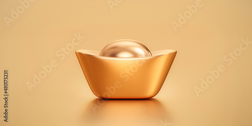 Chinese gold ingot or golden yuan bao money oriental currency of traditional china new year festival fortune symbol and celebration prosperity premium treasure on luxury background with shiny coins.