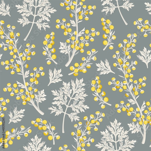 Wormwood leaf and flower vector seamless pattern