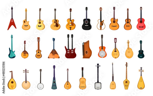 Collection of guitars of different types. National folk instruments. Detailed illustrations of stringed instruments.