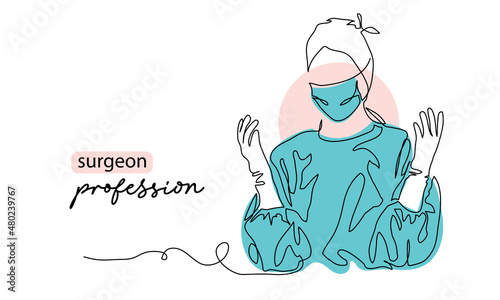 Surgeon portrait, avatar, icon with hands up position. One continuous line art drawing background with surgeon in gloves, mask and uniform